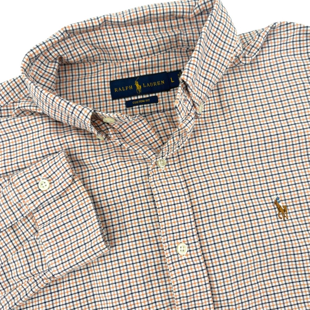 Polo Ralph Lauren Men L Custom Fit Orange Navy Tattersall Check Cotton Shirt